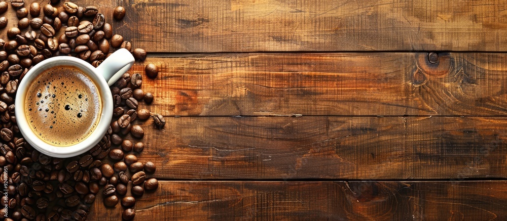 Aufkleber rustic wooden background with a cup of coffee and coffee beans with copy space image