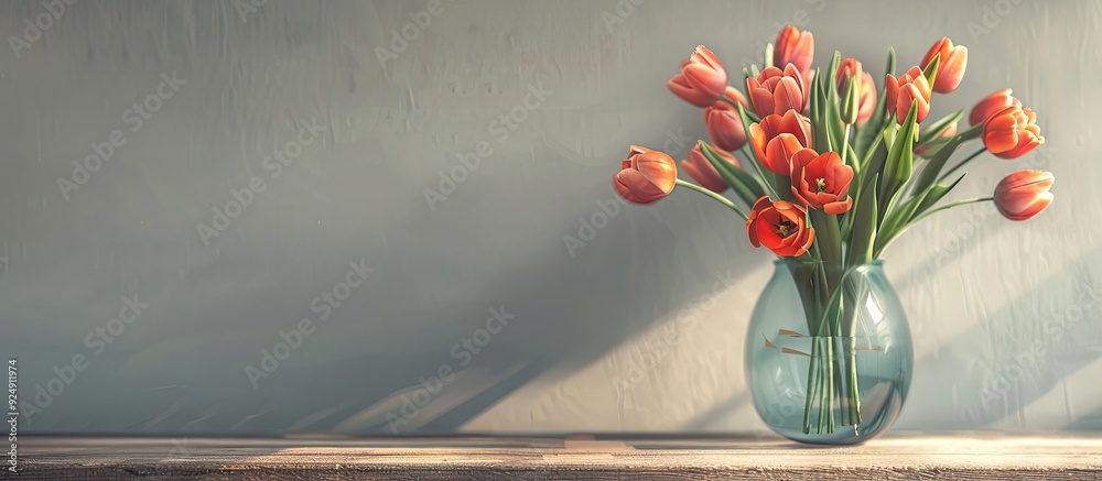 Poster Tulips in a vase on a table with a clean copy space image