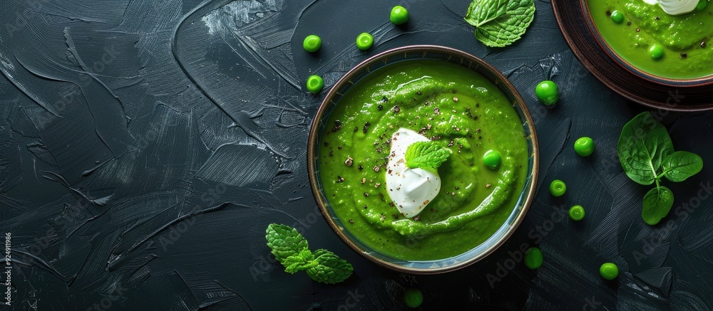Poster Vegan soup featuring peas spinach coconut cream and mint garnish set against a dark backdrop Include copy space image