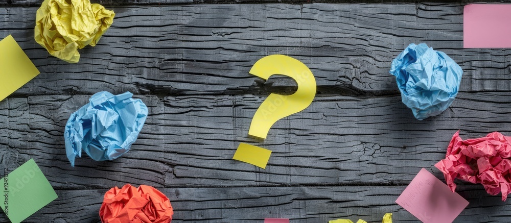 Poster Top view copy space image of FAQ concept featuring sticky notes with questions next to crumpled paper on a dark wooden background including a question mark