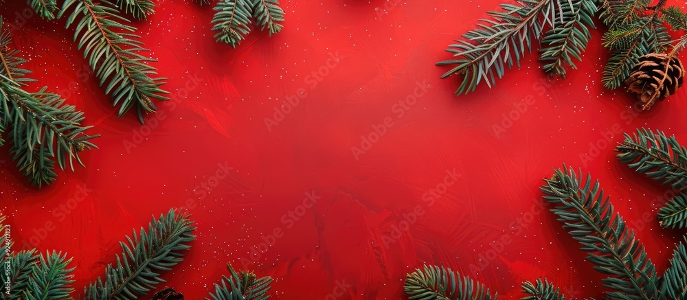 Poster A festive Christmas scene with tree branches creating a frame against a red background ideal for holiday greeting cards with copy space image