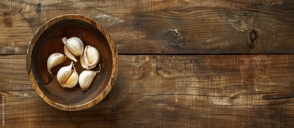 Poster wooden bowl with three garlic cloves with open area for copy space image