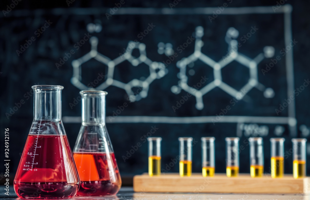 Poster glassware red and yellow liquid in a laboratory with a blackboard chemical formulas in the backgroun