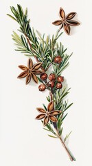 Fototapeta premium Watercolor botanical illustration featuring star anise and juniper berries on sprig of rosemary