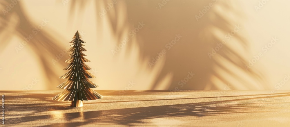 Aufkleber gold christmas tree casting hard shadows on a beige backdrop embodying a trendy minimalist geometric