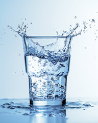 Drinking water is poured into a glass with splashes and bubbles, isolated on blue background