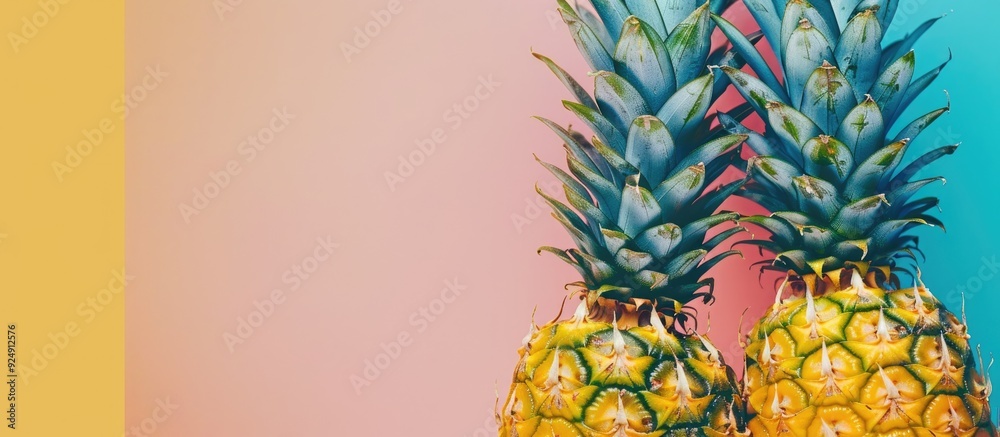 Poster Two pineapples placed at the edges of a bright background creating a copy space image in between the fruits