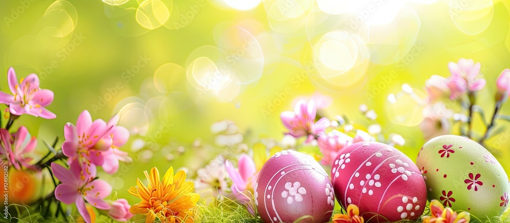 Aufkleber Isolated Easter elements like colorful eggs and flowers on a card with space for text a perfect copy space image for Easter greetings
