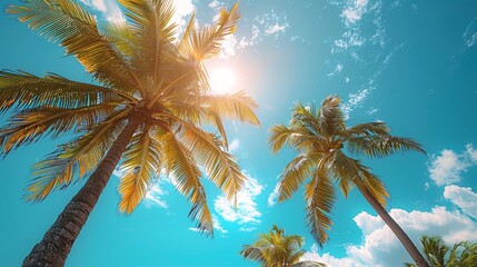 Solar Cells in a Tropical Setting: Solar cells in a tropical setting, with palm trees and a bright, sunny sky.