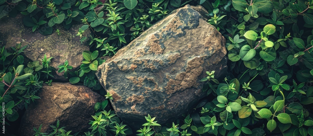 Aufkleber natural textured background featuring a brown grey granite stone amidst green groundcover with a ret