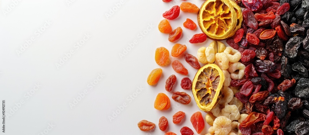 Poster overhead view of dried fruits spread on a white backdrop providing copy space image