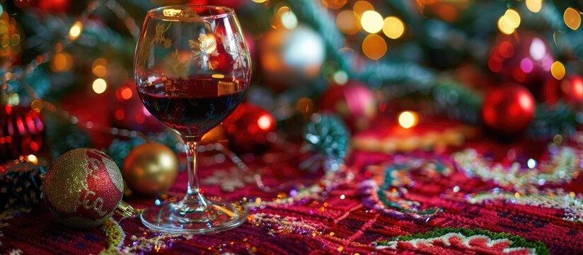 Festive display with a crystal glass of red wine surrounded by New Year decorations on a colorful carpet offering copy space image