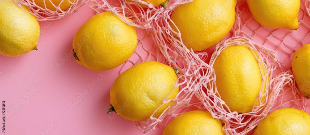 Poster A copy space image featuring lemons in a sustainable net on a pink backdrop symbolizing Earth Day zero waste and recycling