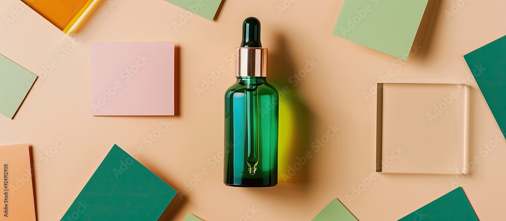 Aufkleber minimal concept for advertising and product promotion featuring a green serum bottle with dropper ca