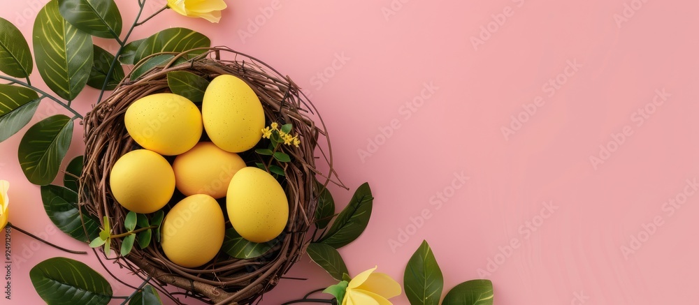 Poster minimalistic composition featuring yellow easter eggs nestled in a nest accompanied by green leaves 