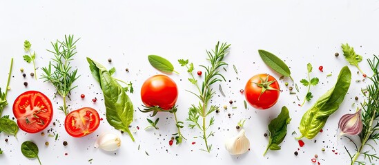 Healthy eating concept depicted with a selection of fresh vegetables and herbs on a white backdrop Ideal for copy space image