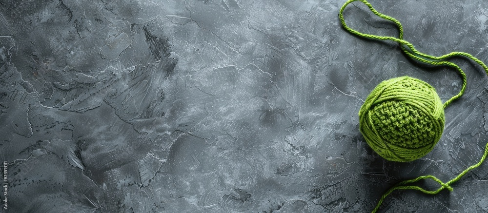 Aufkleber grey backdrop with crocheted pattern and green yarn ball offering copy space image