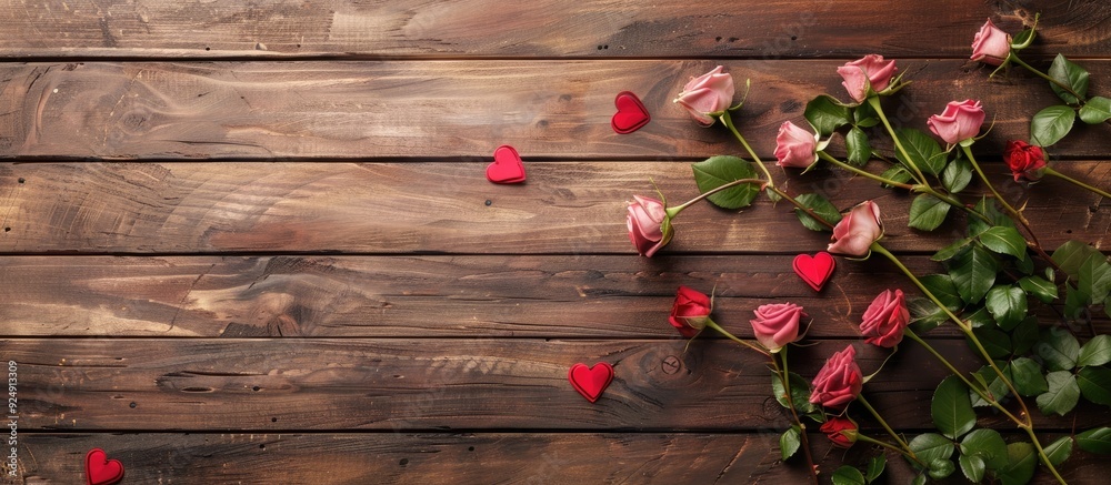 Aufkleber valentine s day concept with flowers on a wooden background seen from above in a copy space image