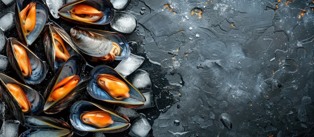 Poster top down view of raw mussels on ice against a dark stone backdrop with space for text or graphics id