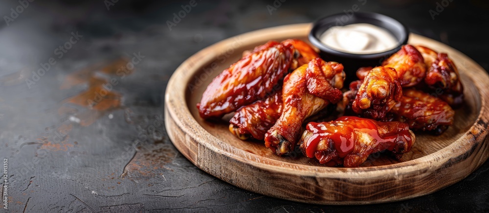 Poster hot fried chicken wings served as a snack on a wooden plate with ketchup and mayonnaise in a fast fo