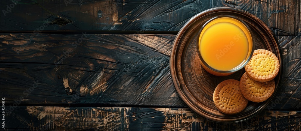 Poster Top view of a glass of orange juice and a plate with cookies on a wooden surface against a dark background with copy space image