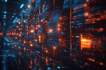 Fototapeta premium 3d rendering of interconnected document versions glowing lines connecting floating paper futuristic interface cool blue tones visual representation of version control