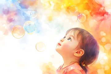 Fototapeta premium Watercolor Painting of a Young Girl Looking Up at Bubbles.