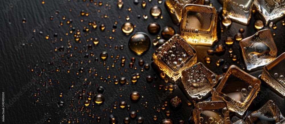 Aufkleber Golden ice cubes displayed on a black backdrop with ample copy space image