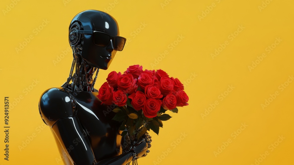 Canvas Prints Black robot holding red roses bouquet on yellow background