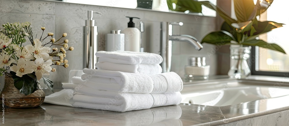 Poster modern bathroom scene with clean white towels stacked neatly on a ceramic countertop providing a ref