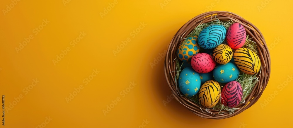 Leinwandbilder panoramic view of a wicker basket filled with vibrant easter eggs on a yellow paper background with 