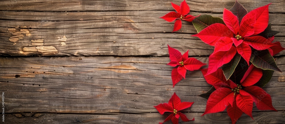 Poster vibrant red poinsettia against a rustic wooden background perfect for a copy space image