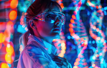 Medicine biotechnology. Girl doctor, laboratory assistant in glasses against the background of virtual glowing projection of human DNA molecules. Abstract DNA chromosome, genetics, modern technologies