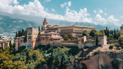 Fototapeta premium Spanish Hilltop Castle, Olive Groves, Serene Scenery Panorama