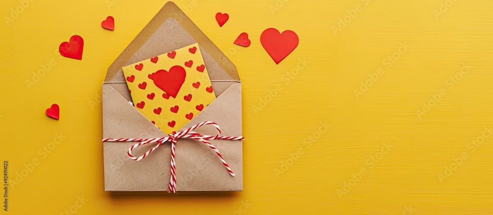 Poster top view mockup of a yellow background for valentine s day featuring a gift postcard in an envelope 