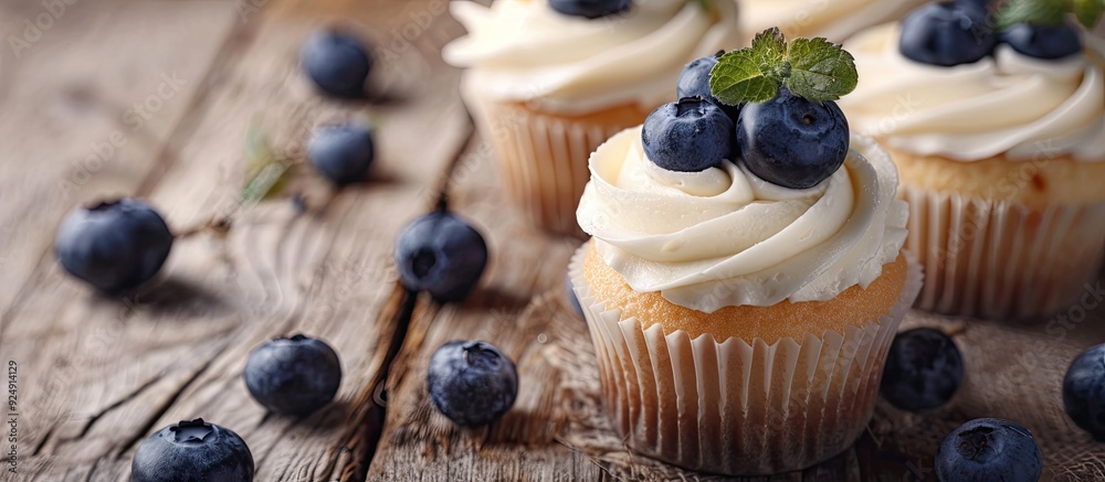 Aufkleber Fresh cupcakes topped with ripe blueberries displayed on a rustic wooden surface with room for text in the image. Creative banner. Copyspace image