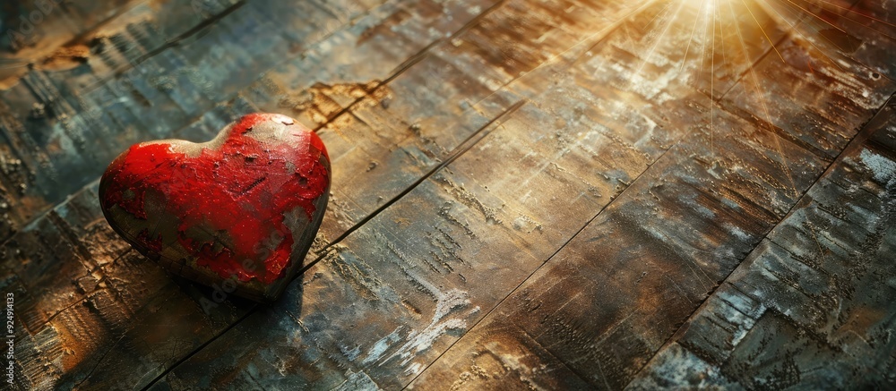 Aufkleber Rustic Valentine s Day background featuring a handmade red heart on a weathered backdrop with sunrays perfect for adding text or other images. Creative banner. Copyspace image