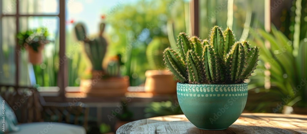 Aufkleber A green cactus displayed on a table by a window in the garden creating a peaceful ambience with copy space image
