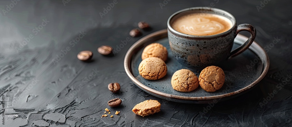 Aufkleber Selective focus on a dark background enhances a visually appealing composition of a cup of fresh coffee accompanied by Amaretti cookies creating an aesthetic copy space image
