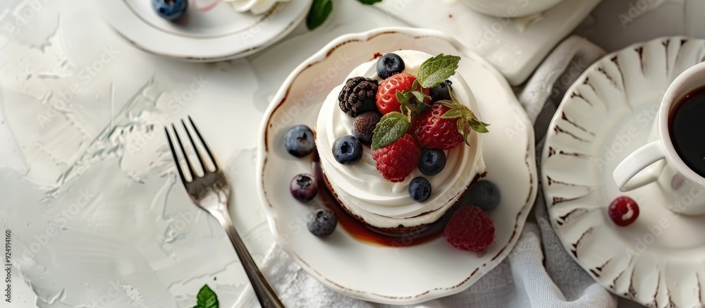 Aufkleber enjoy a breakfast spread featuring coffee and pudding showcased in a delightful copy space image