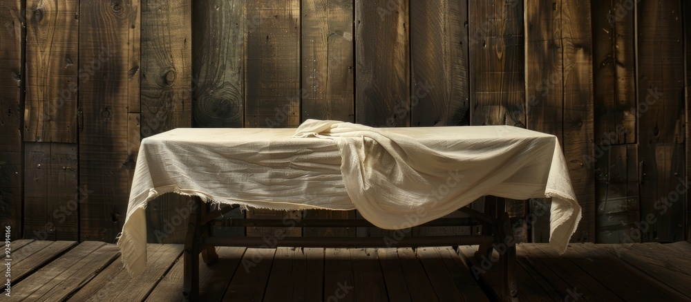 Aufkleber A tablecloth set against a wooden backdrop providing room for text in the image. Creative banner. Copyspace image