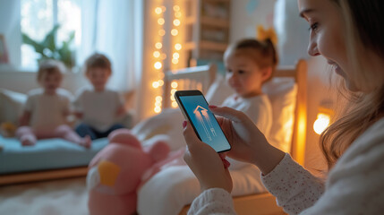 A parent using a smartphone to adjust the temperature in the children's room, with the children playing in the background, and the room bathed in soft light, with copy space