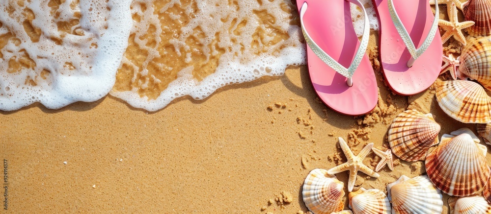 Aufkleber shellfish and pink flip flops placed on sandy beach with copy space image