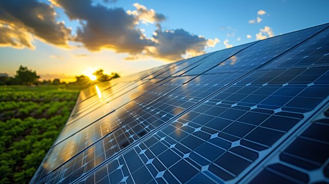Solar Cells on a Rooftop: An array of solar cells installed on a modern rooftop, capturing the bright sunlight of a clear day.