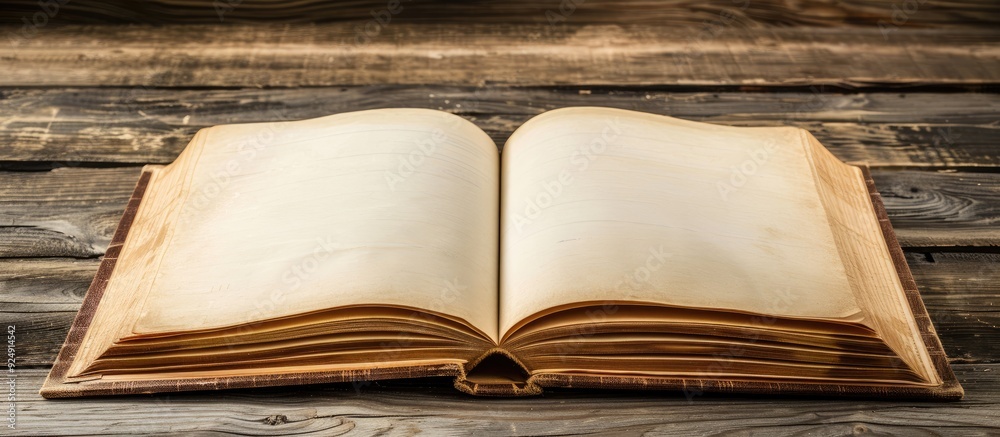 Leinwandbilder wooden table hosting an open book featuring blank pages with copy space image