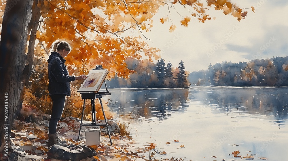 Canvas Prints Artist Painting a Tranquil Autumn Landscape by the Lake.