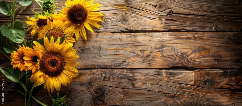 Poster old wooden table with sunflower bouquet perfect for text on background copy space image