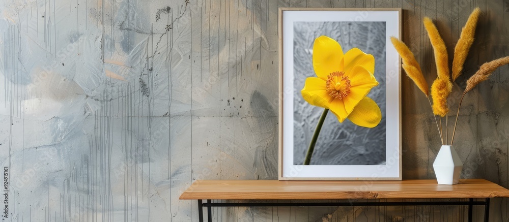 Aufkleber a table showcases a photo frame mockup featuring a yellow flower with ample copy space image