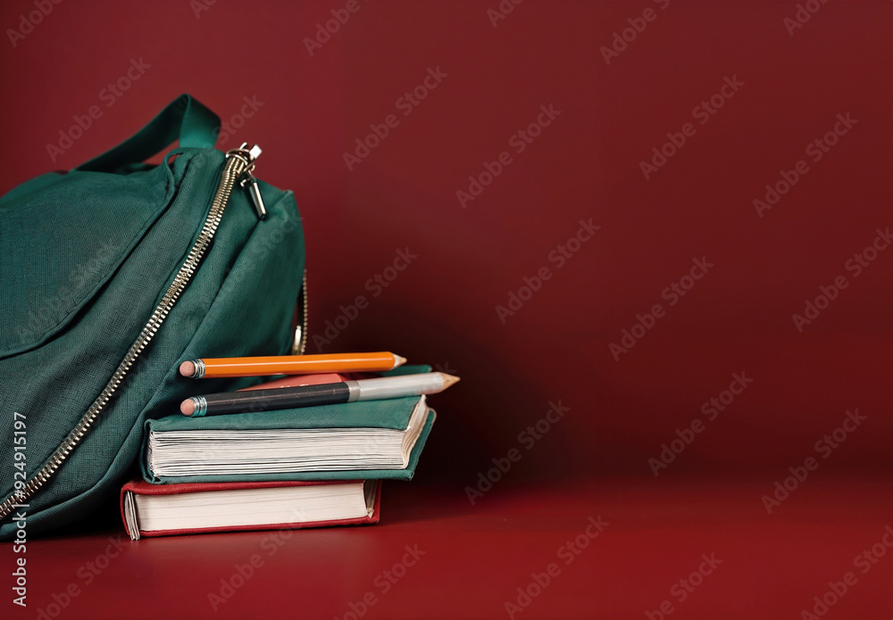Aufkleber Green backpack standing near stack of books and pencils on red background with copy space