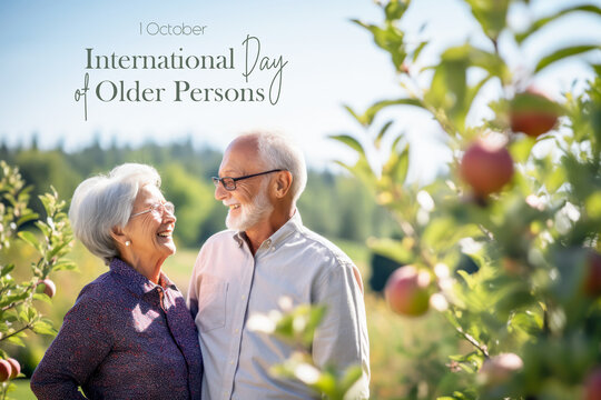 International day of older persons. Older couple shares tender moment, smiling at each other with background of fruits garden - Powered by Adobe